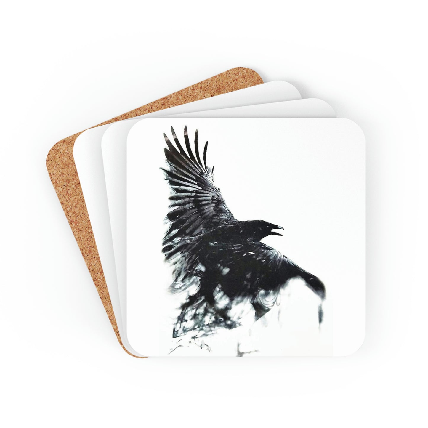 Beautiful Raven in Flight Corkwood Coaster Set
