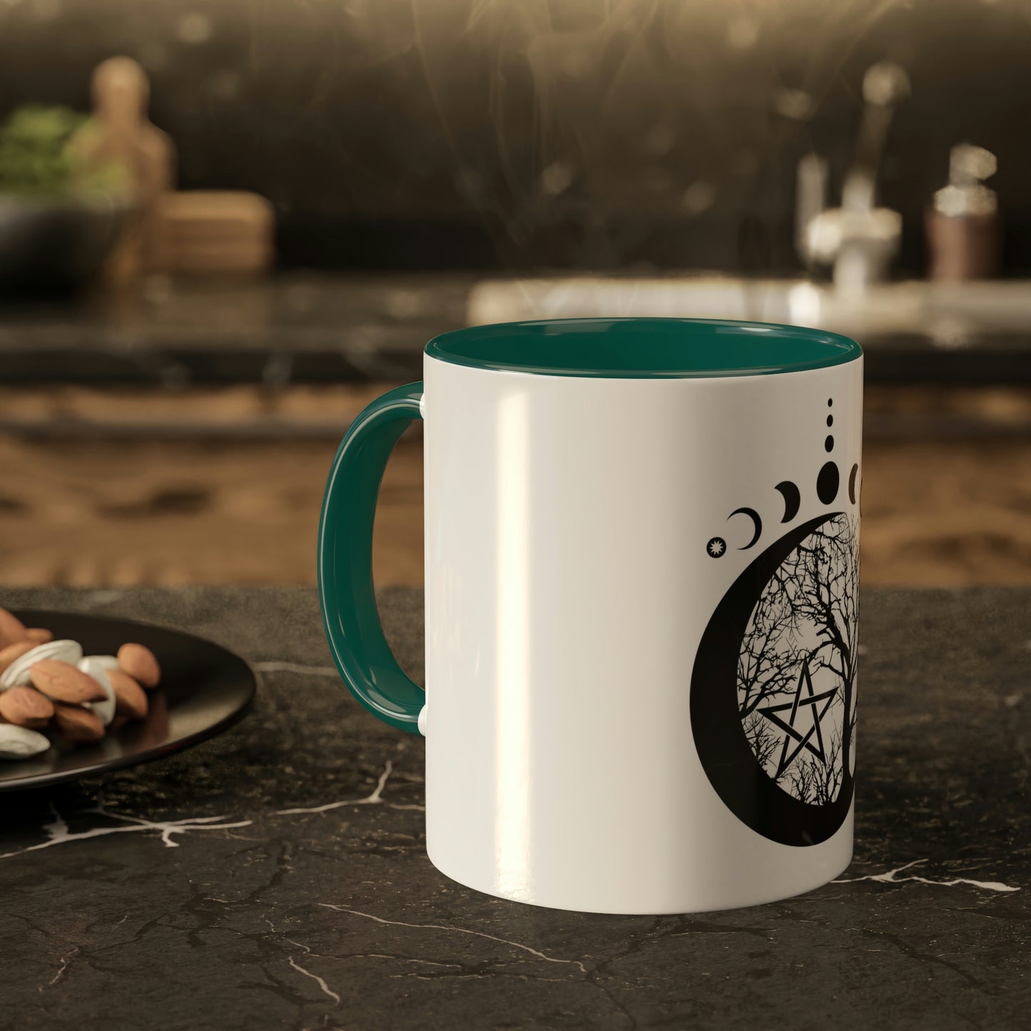 Mystical Moon Phases, tree of life and Wicca pentacle. Sacred geometry Colorful Mugs, 11oz