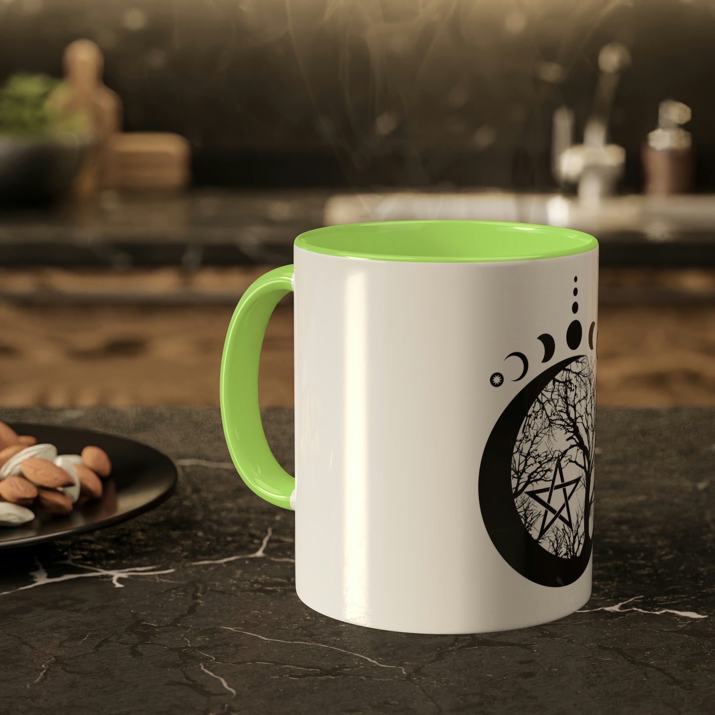 Mystical Moon Phases, tree of life and Wicca pentacle. Sacred geometry Colorful Mugs, 11oz