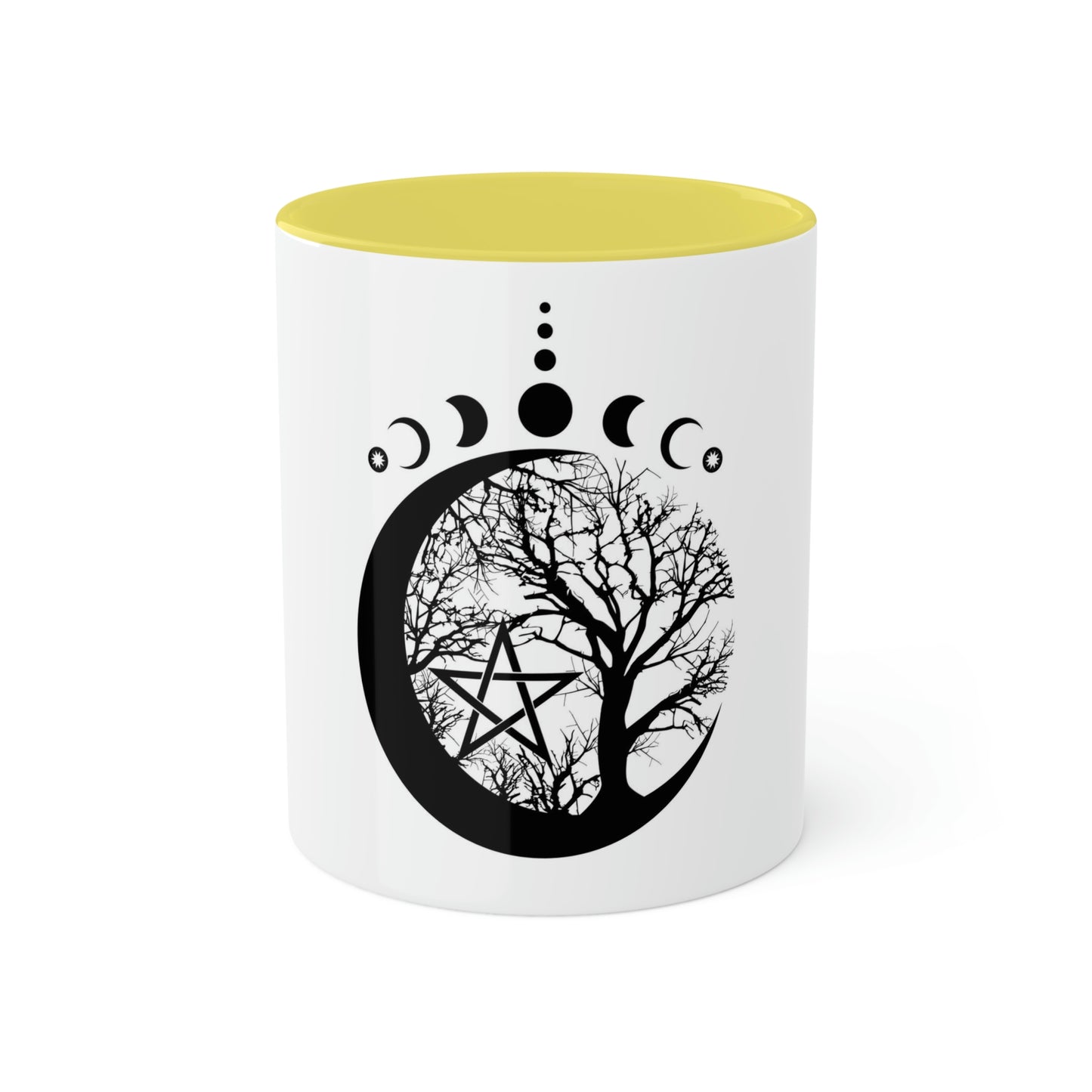 Mystical Moon Phases, tree of life and Wicca pentacle. Sacred geometry Colorful Mugs, 11oz