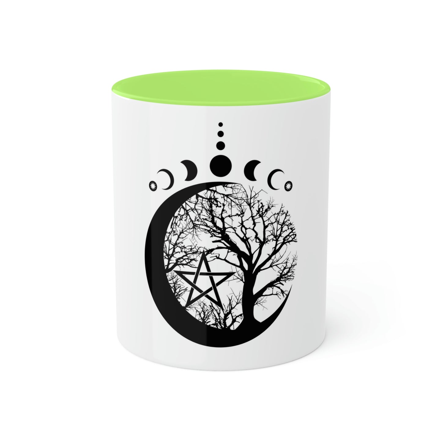 Mystical Moon Phases, tree of life and Wicca pentacle. Sacred geometry Colorful Mugs, 11oz