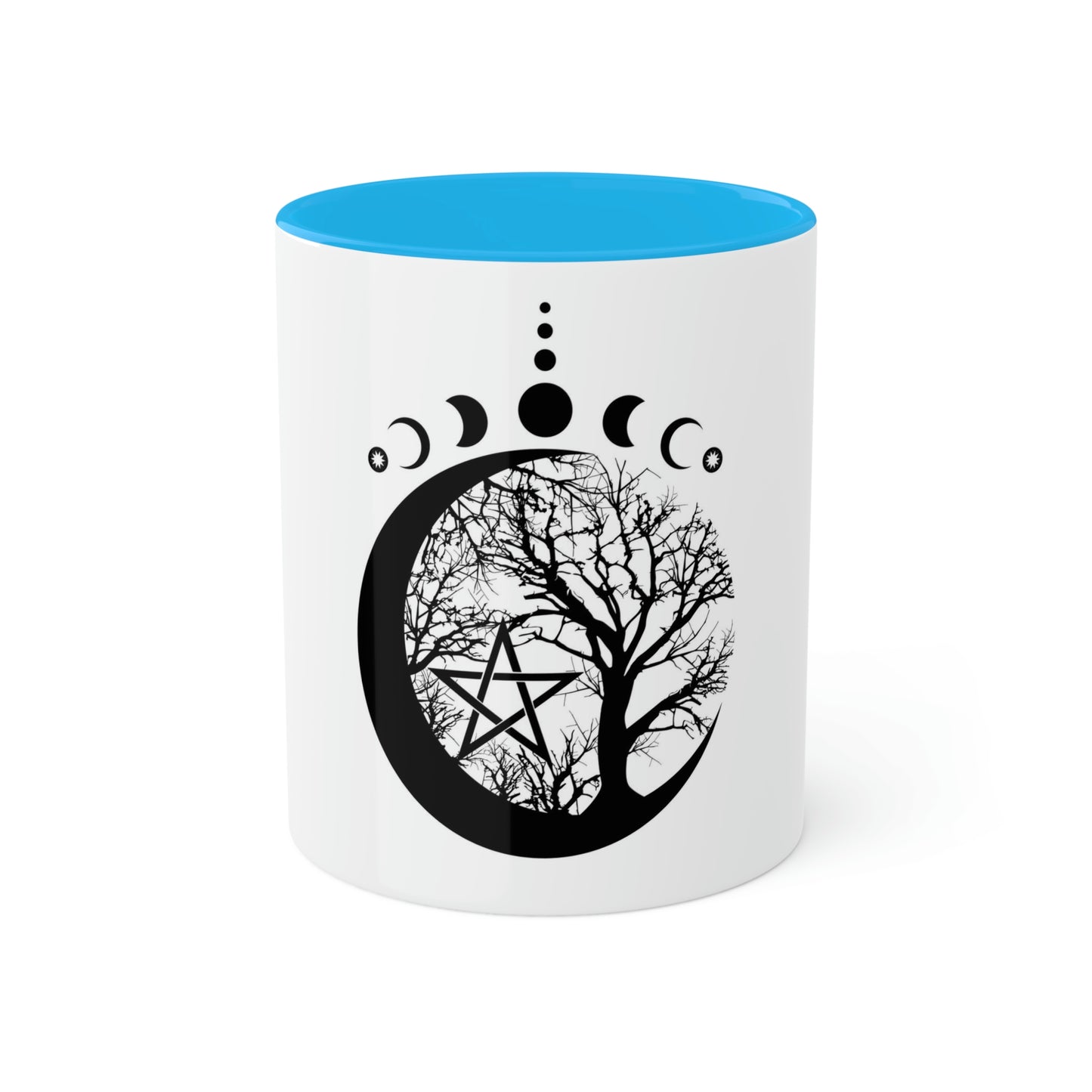 Mystical Moon Phases, tree of life and Wicca pentacle. Sacred geometry Colorful Mugs, 11oz