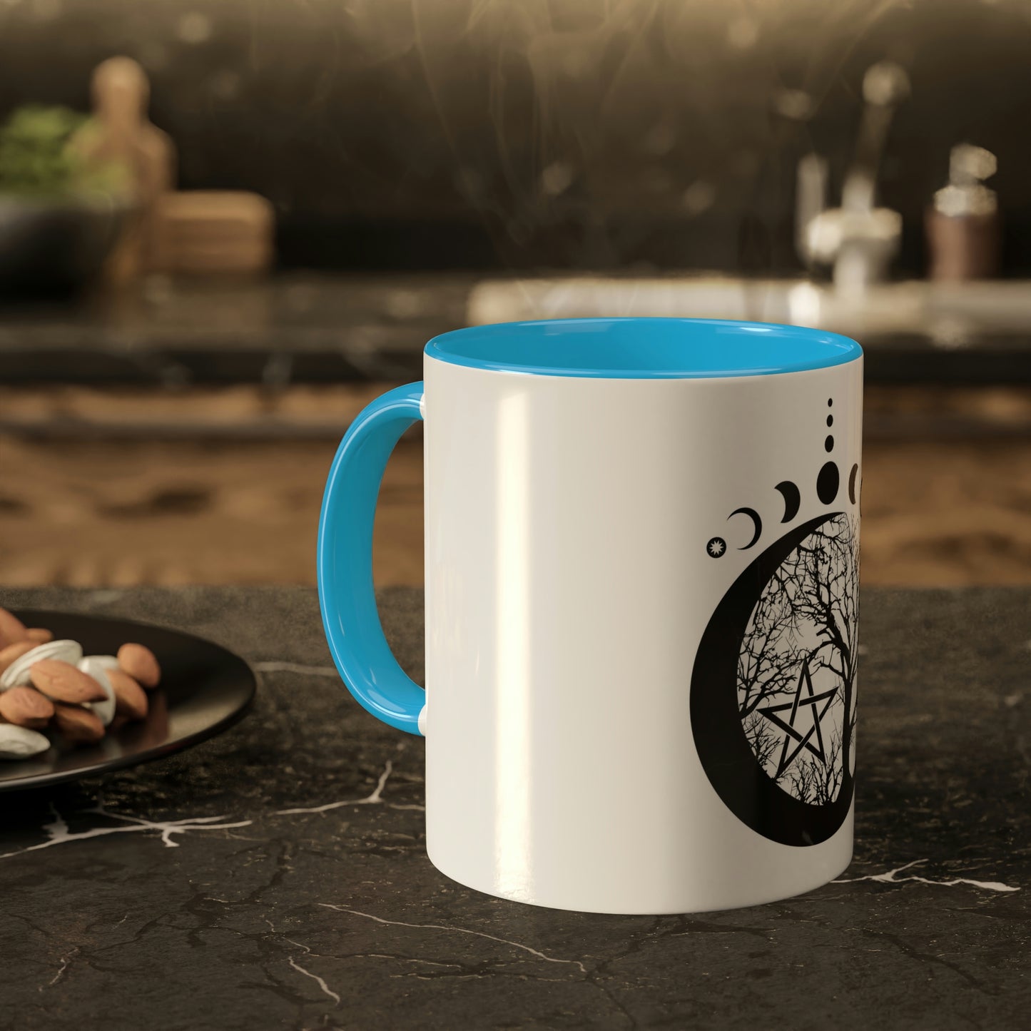 Mystical Moon Phases, tree of life and Wicca pentacle. Sacred geometry Colorful Mugs, 11oz