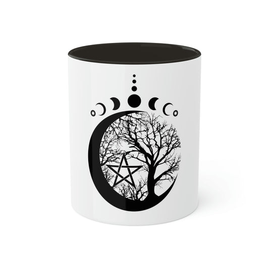 Mystical Moon Phases, tree of life and Wicca pentacle. Sacred geometry Colorful Mugs, 11oz