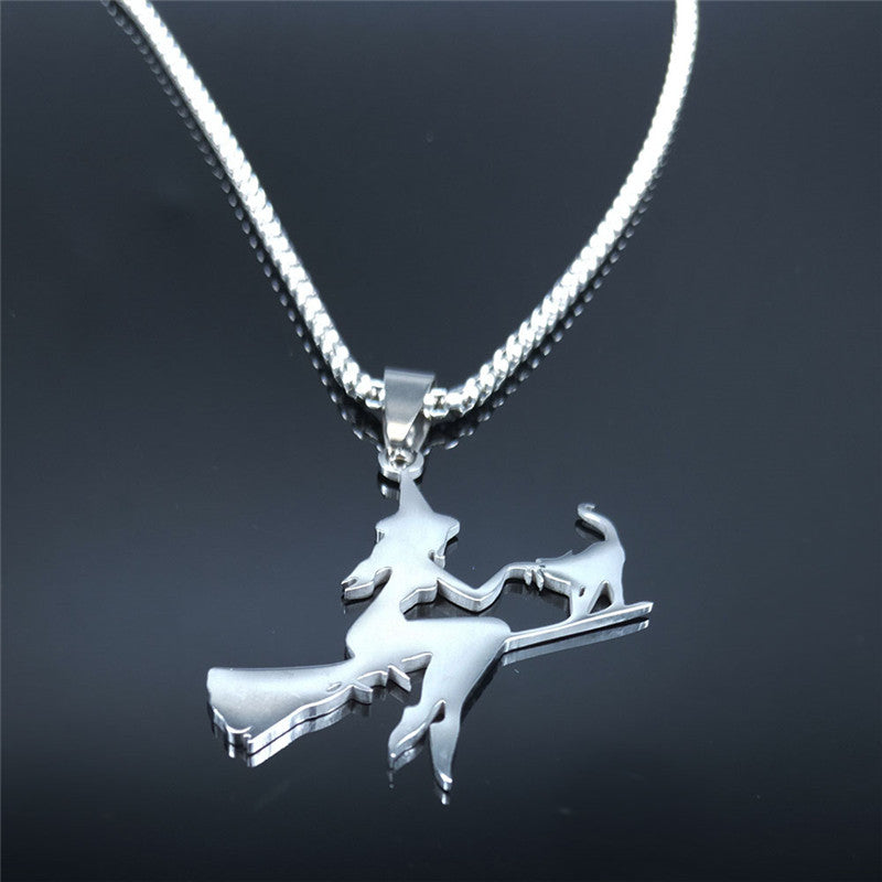 Witch.Broom.Cat Necklace Witch on Broom with Cat Necklace Witchcraft