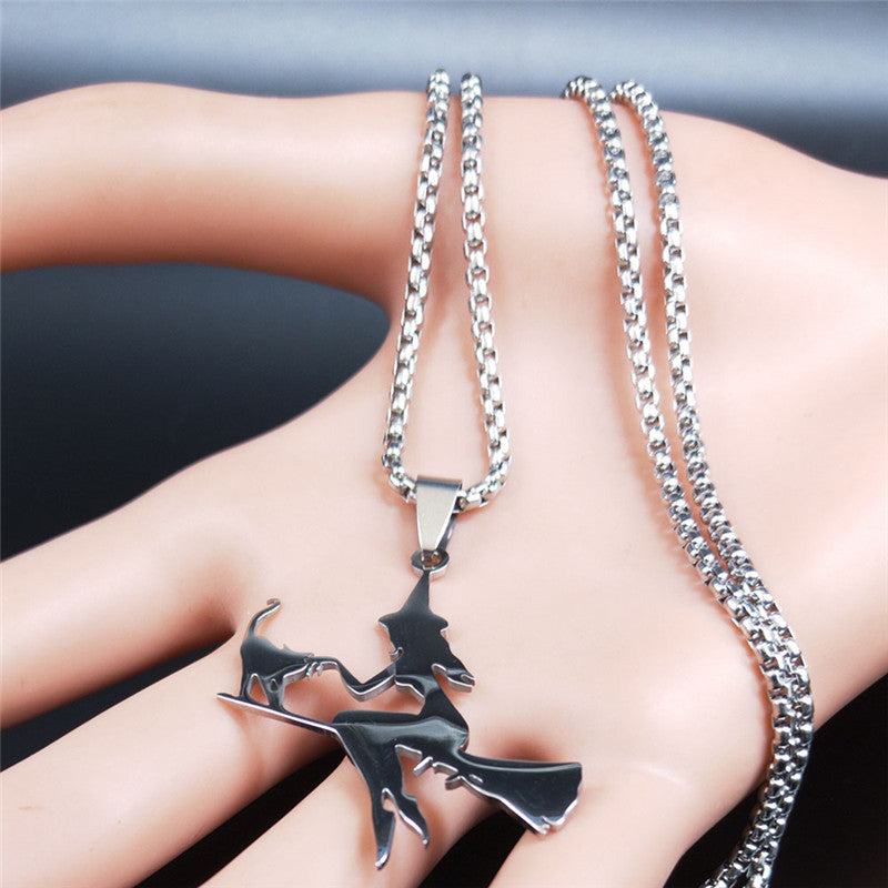 Witch.Broom.Cat Necklace Witch on Broom with Cat Necklace Witchcraft