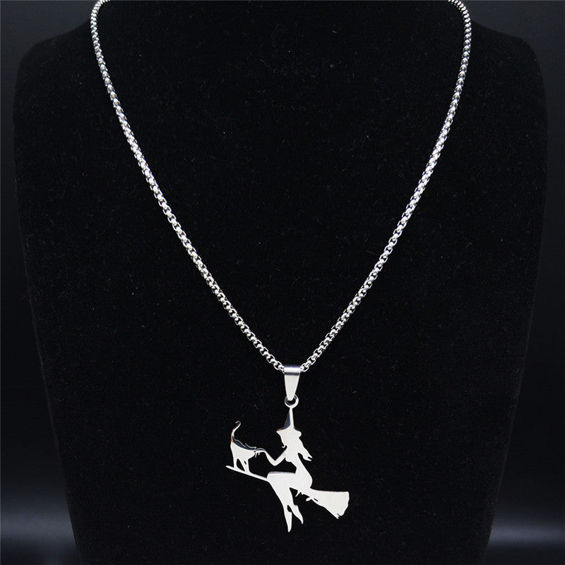 Witch.Broom.Cat Necklace Witch on Broom with Cat Necklace Witchcraft