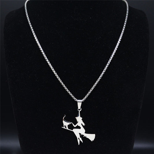 Witch.Broom.Cat Necklace Witch on Broom with Cat Necklace Witchcraft