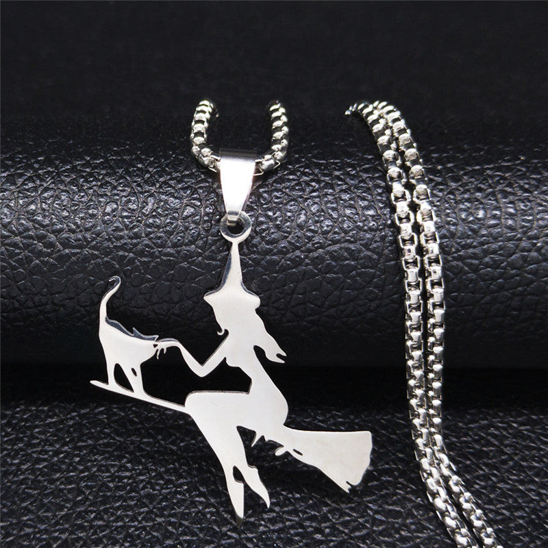 Witch.Broom.Cat Necklace Witch on Broom with Cat Necklace Witchcraft
