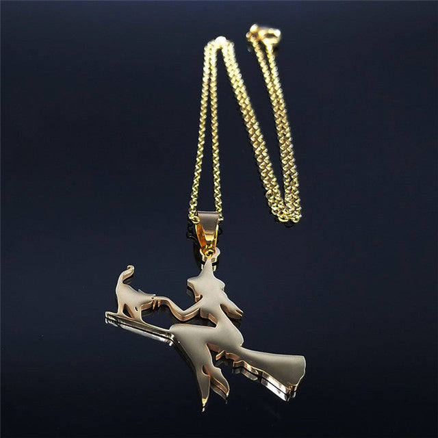 Witch.Broom.Cat Necklace Witch on Broom with Cat Necklace Witchcraft