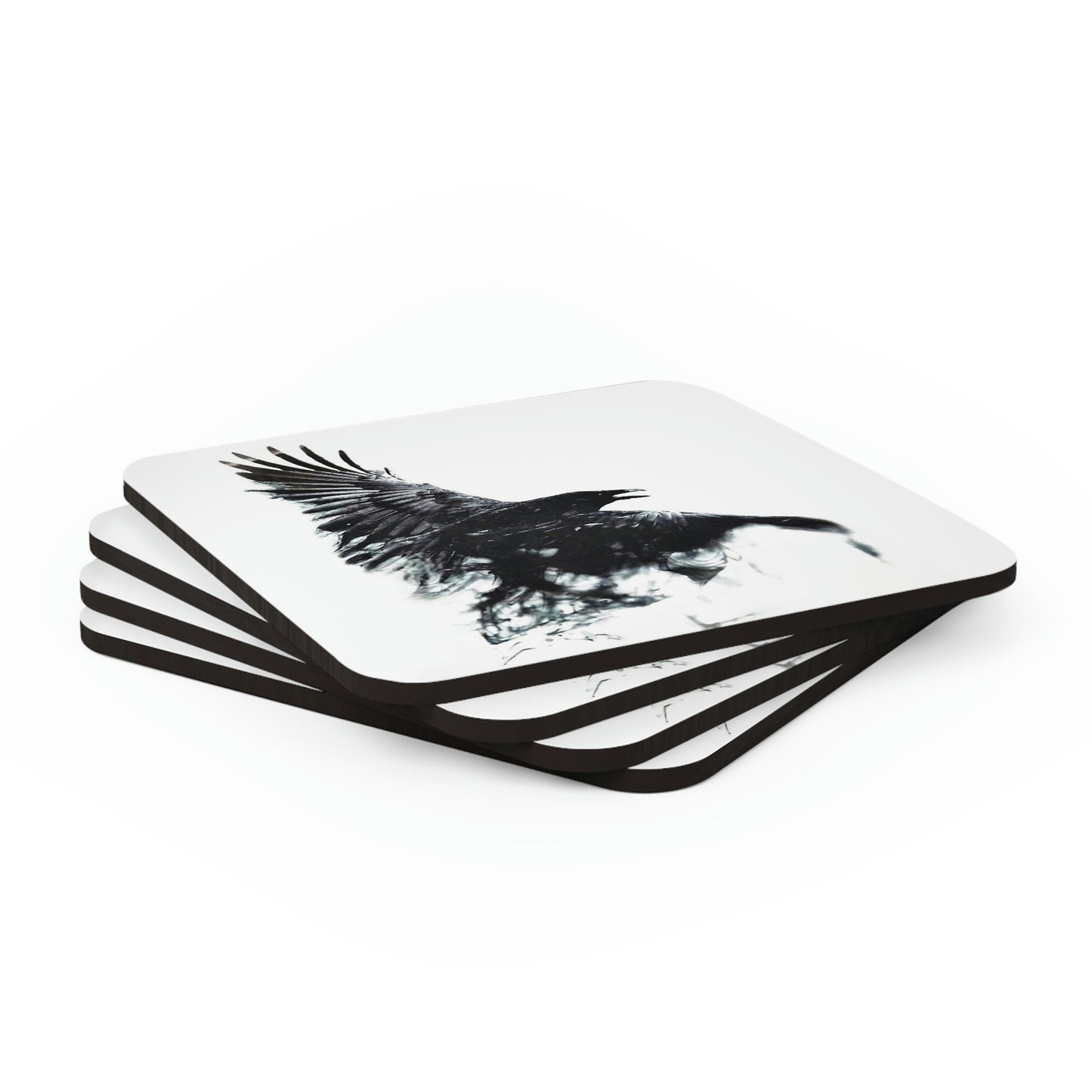 Beautiful Raven in Flight Corkwood Coaster Set