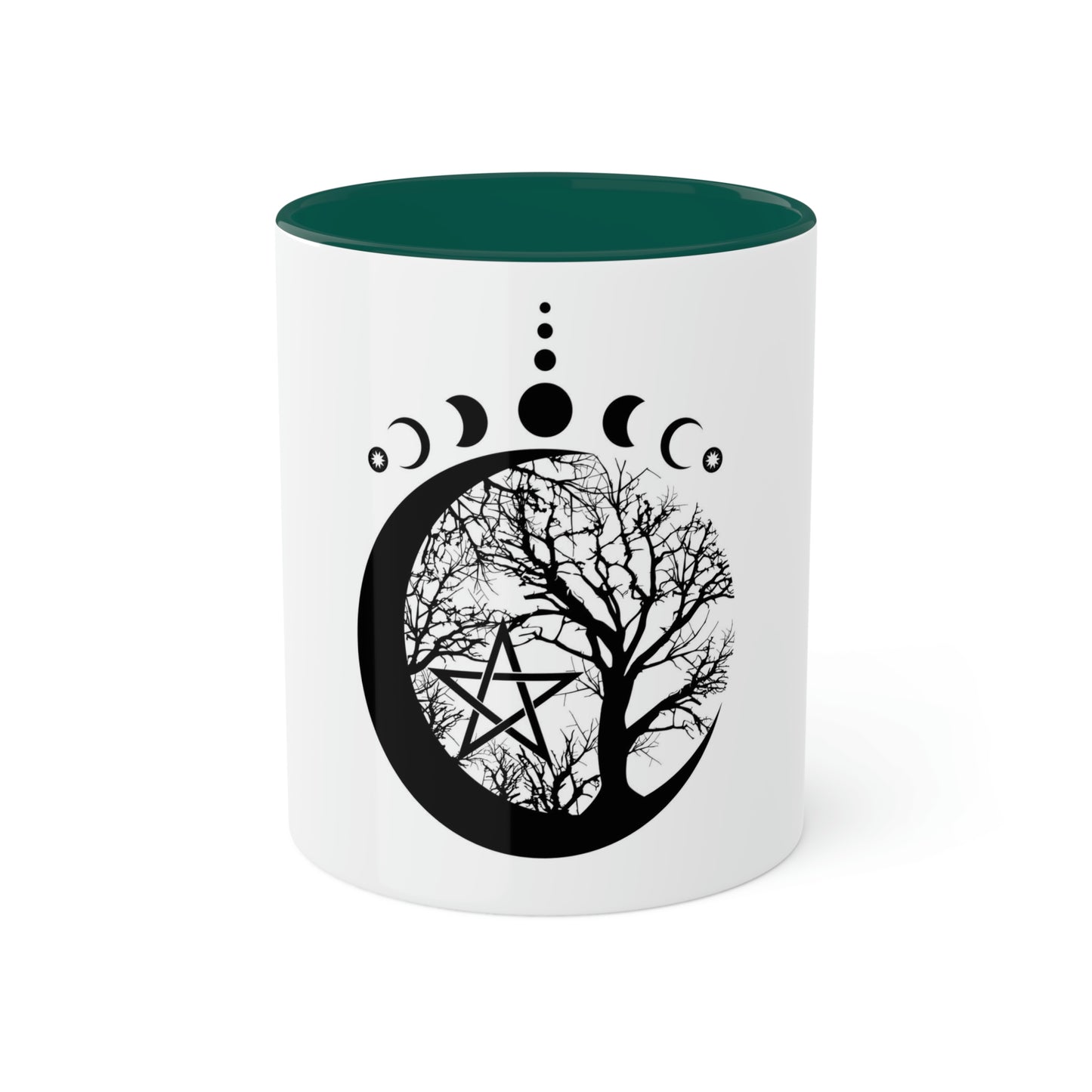 Mystical Moon Phases, tree of life and Wicca pentacle. Sacred geometry Colorful Mugs, 11oz