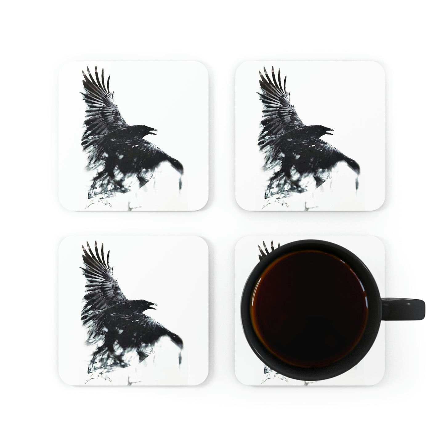 Beautiful Raven in Flight Corkwood Coaster Set