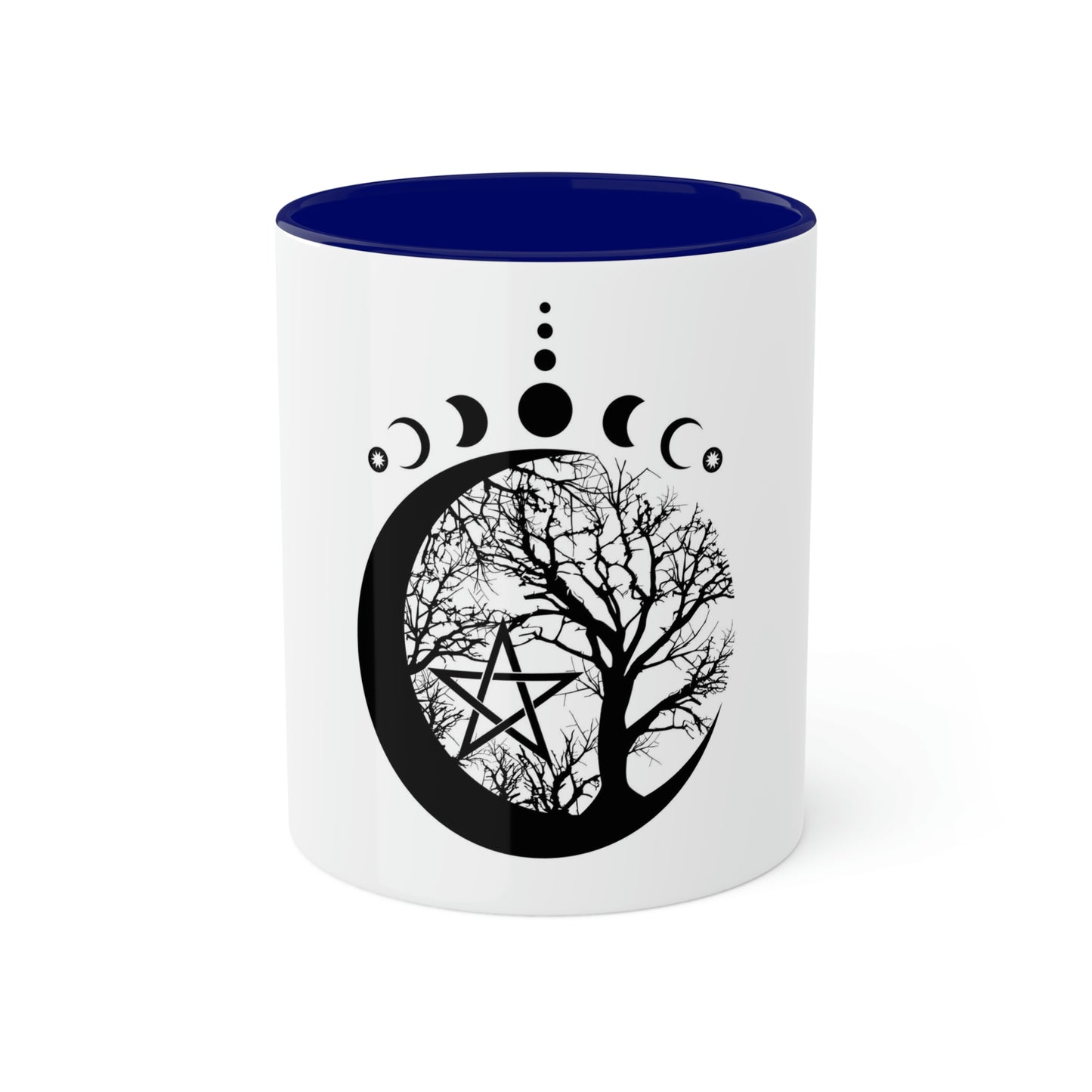 Mystical Moon Phases, tree of life and Wicca pentacle. Sacred geometry Colorful Mugs, 11oz