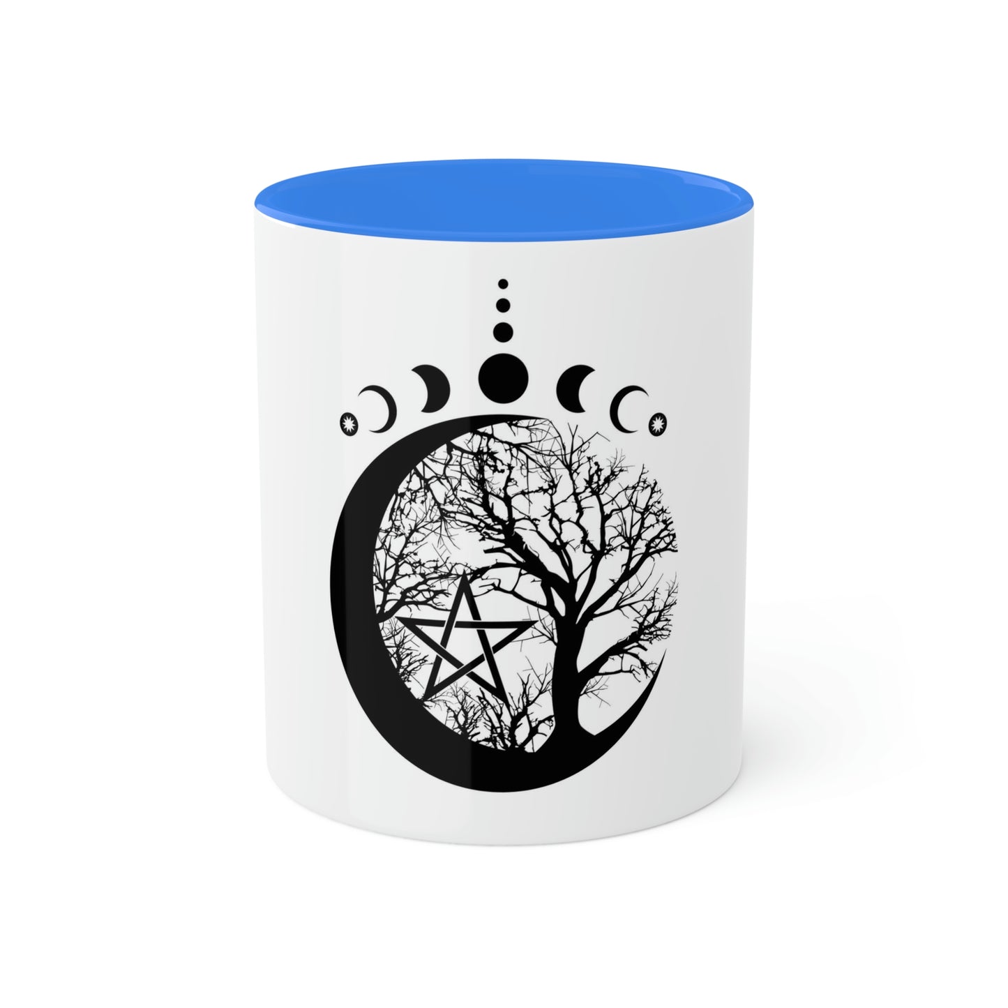 Mystical Moon Phases, tree of life and Wicca pentacle. Sacred geometry Colorful Mugs, 11oz