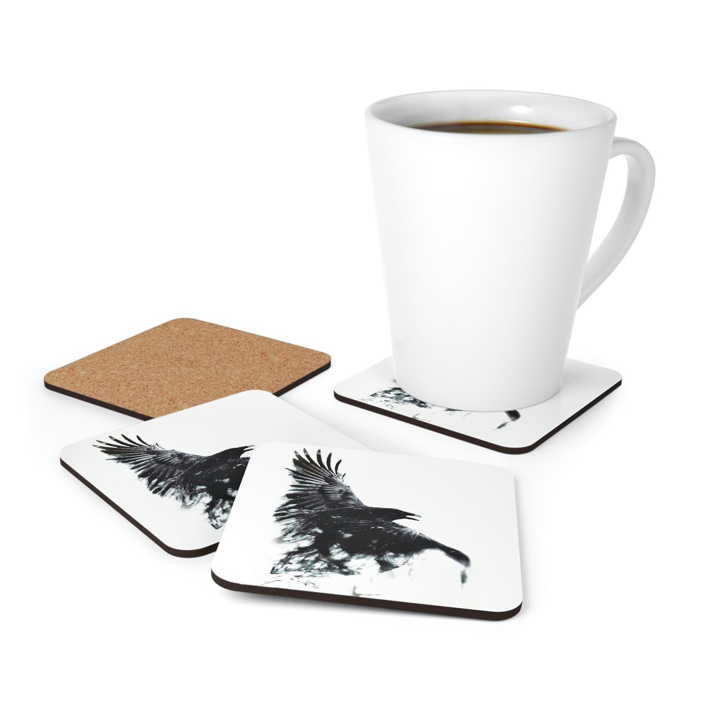Beautiful Raven in Flight Corkwood Coaster Set